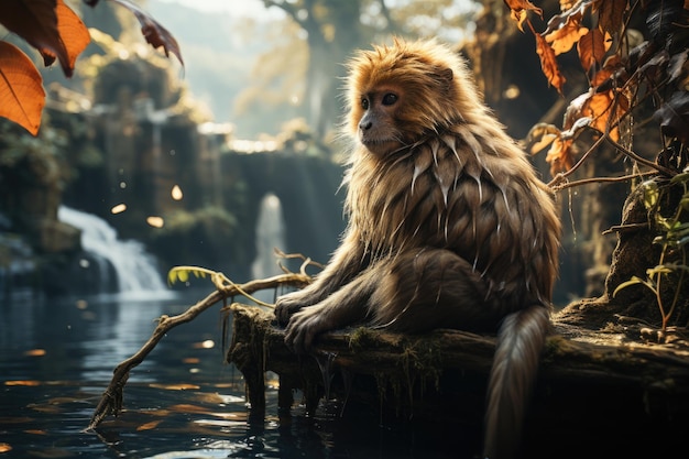 Macaco dourado sereno entre folhagens e cachoeiras IA generativa