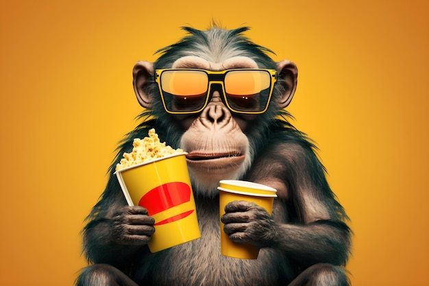 Macaco em óculos 3d com conceito de pipoca de fundo de cinema