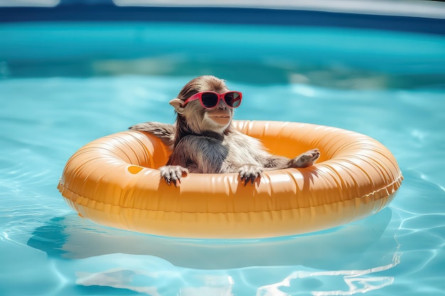 Macaco em óculos de sol descansando na piscina