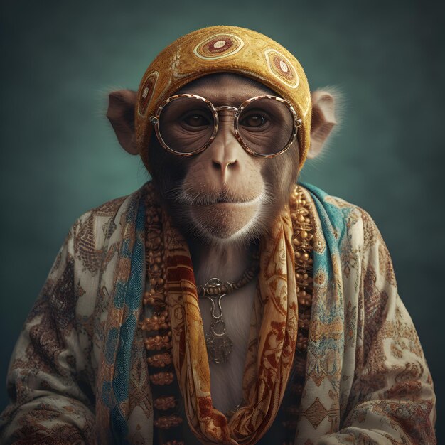 macaco em roupa de hippie medieval boho boêmio com miçangas surreal