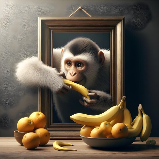 Foto macaco em uma moldura roubando uma banana