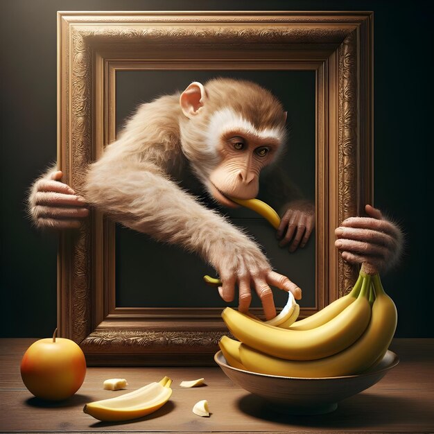 Foto macaco em uma moldura roubando uma banana