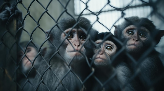 macaco em zoológico ou laboratório em gaiola Abe atrás de grades