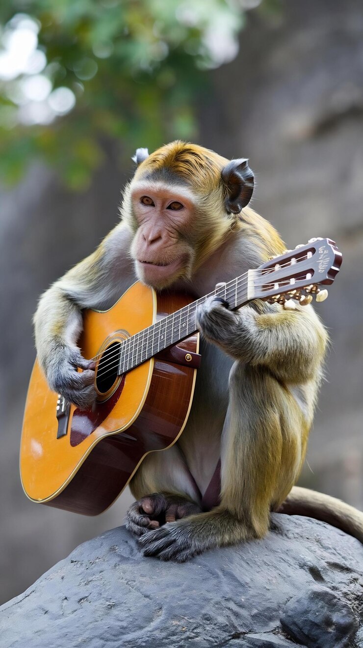 Foto macaco engraçado a tocar guitarra.