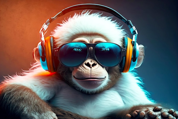 Macaco engraçado branco com fones de ouvido usando tons generative ai