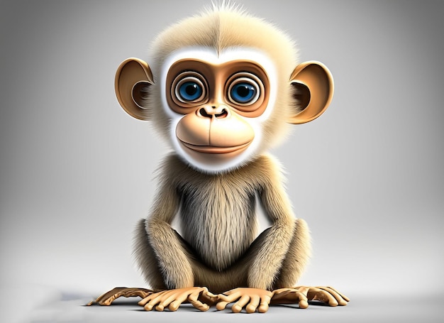 macaco engraçado com olhos grandes na ilustração 3d de fundo branco