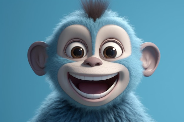 Macaco engraçado dos desenhos animados com ilustração 3D de pele azul