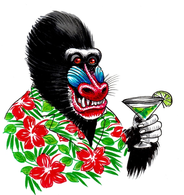 Macaco feliz bebendo coquetel Tinta e desenho em aquarela