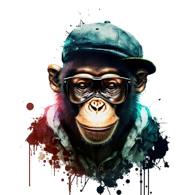 Macaco hipster usando óculos e boné Retrato de ilustração em aquarela de chimpanzé isolado em fundo branco