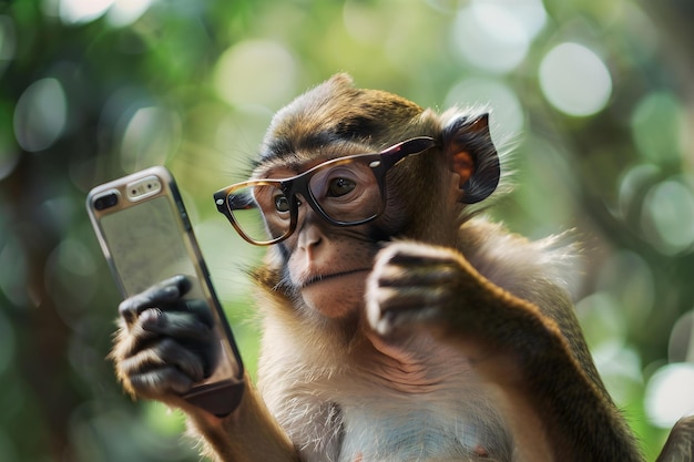 Macaco inteligente com óculos fala ao telefone incorpora habilidades de comunicação humanas Conceito Comportamento Animal Inteligência de Comunicação