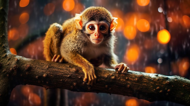 Macaco na árvore belo macaco com olhos laranja alto contraste