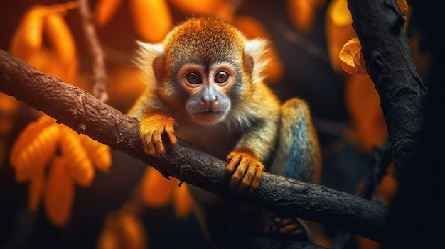 Macaco na árvore belo macaco com olhos laranja alto contraste