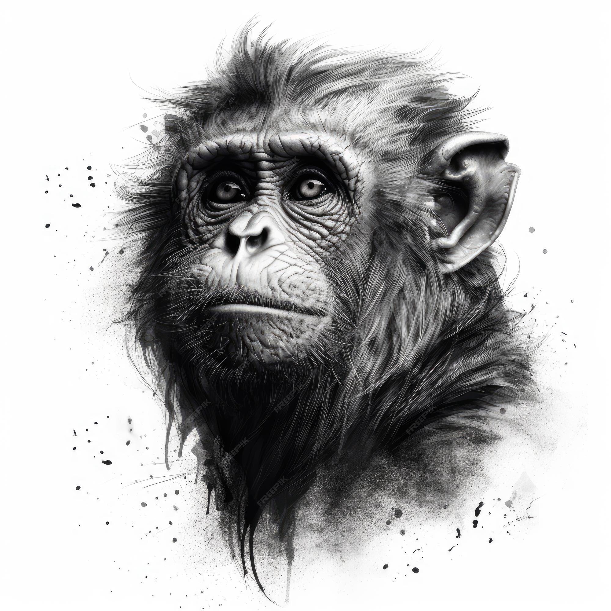 Estilo blackwork realista impressionista de um macaco bonito no fundo  branco