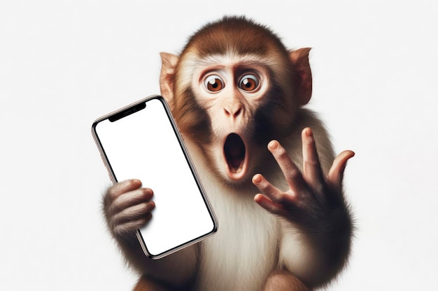 Macaco real chocado segurando um smartphone com uma tela de maquete branca em fundo colorido