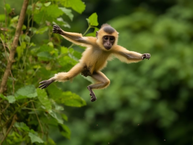Foto macaco saltando através de galhos de árvores na selva