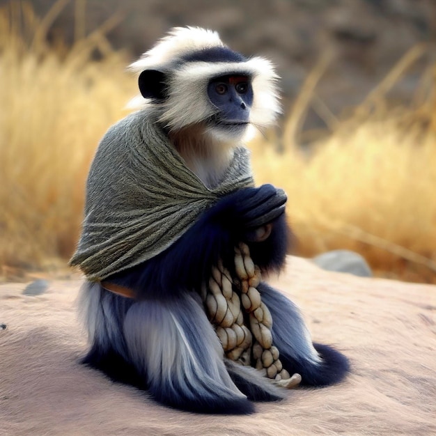 Macaco sentado em cima de uma pedra coberta por um cobertor generativo ai