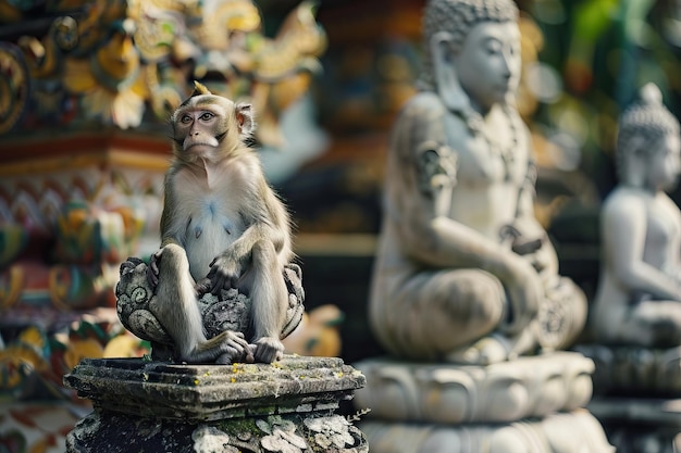 Foto macaco sentado em uma estátua em um templo religioso com uma estátua de buda