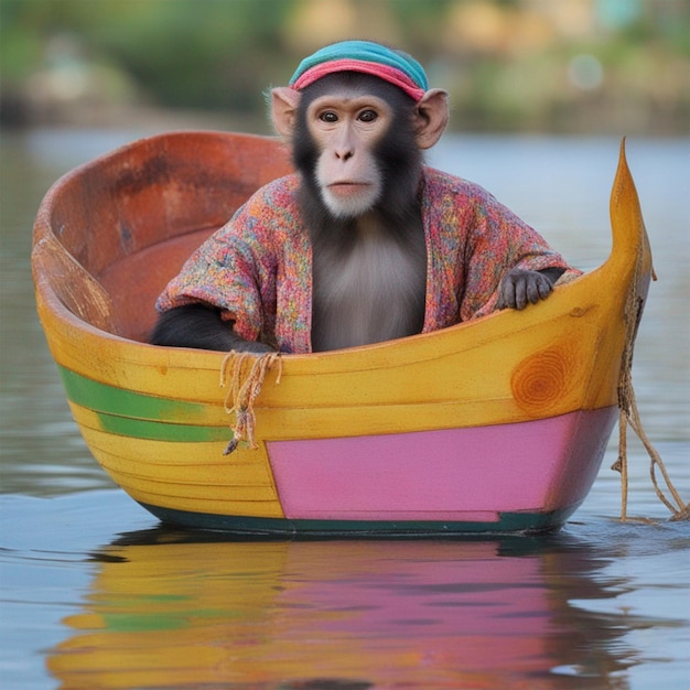 Macaco sentado na foto gerada por ai de barco