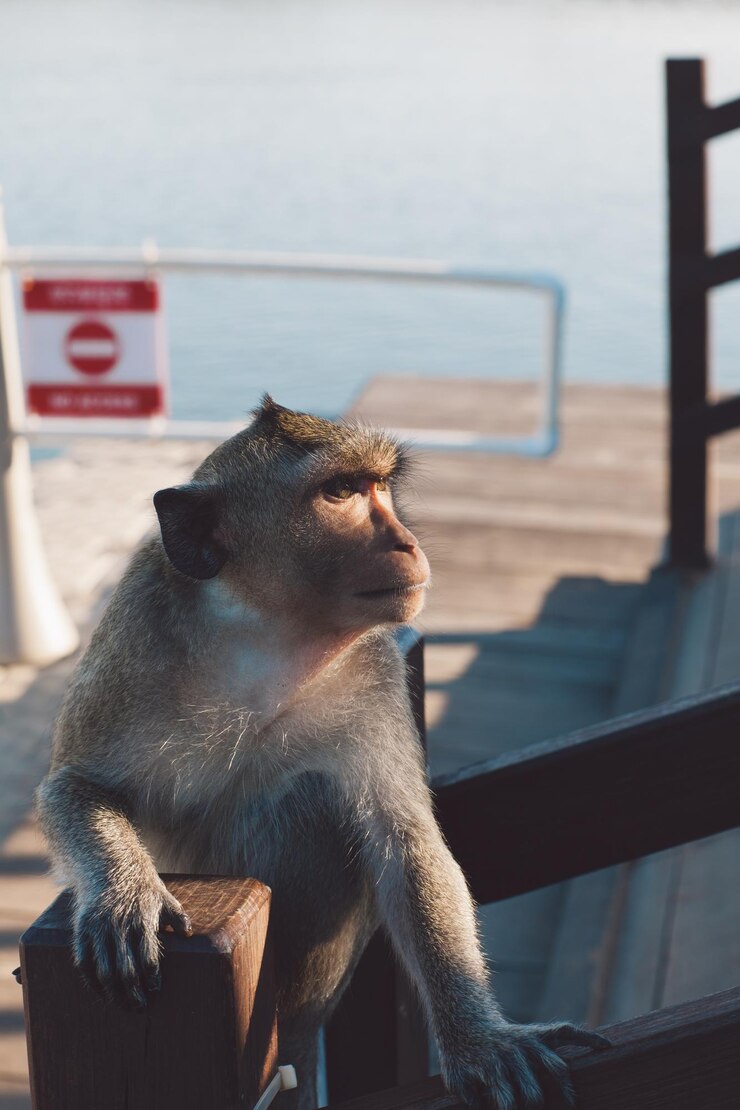 Foto macaco sentado no corrimão da escada ao lado do lago
