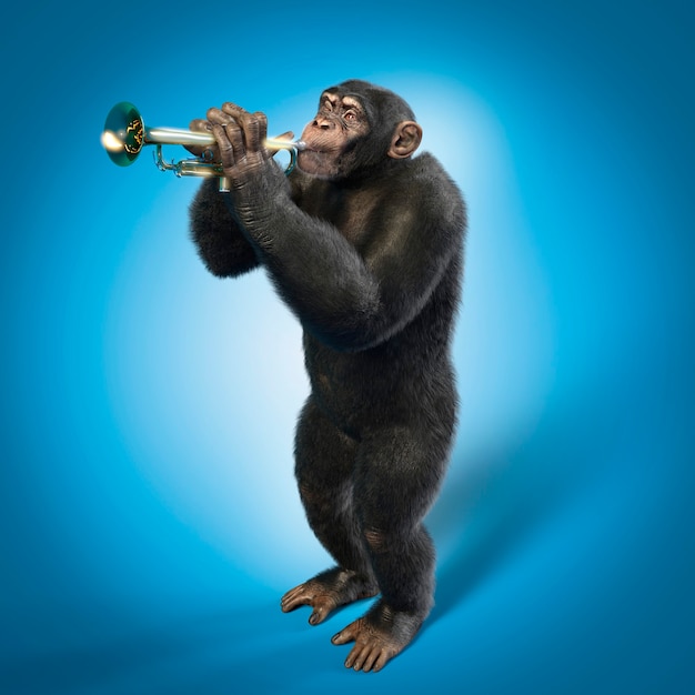 Macaco tocando trompete, fundo azul. ilustração 3d