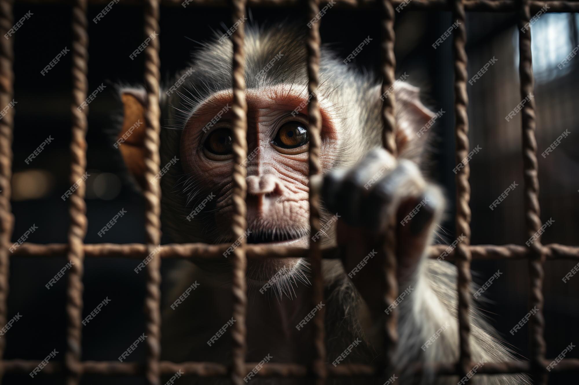 Bebê macaco chimpanzé atrás das grades