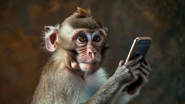 Macaco usando smartphone com expressão curiosa