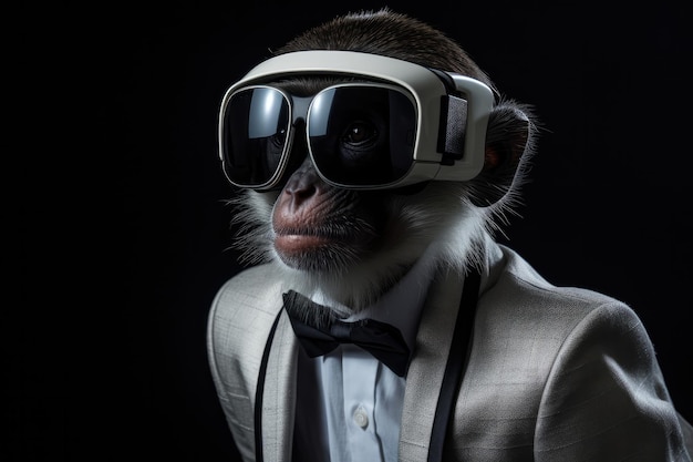 Macaco Vervet de terno e realidade virtual em fundo preto