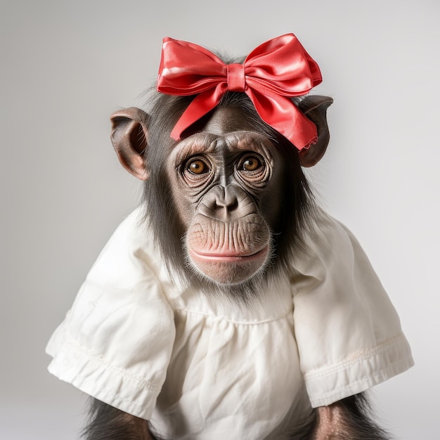 Macaco Vestindo Camisa Branca E Laço Vermelho Adorável Fotografia De Primata