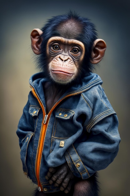 Macaco vestindo jaqueta jeans com zíper no peito Generative AI