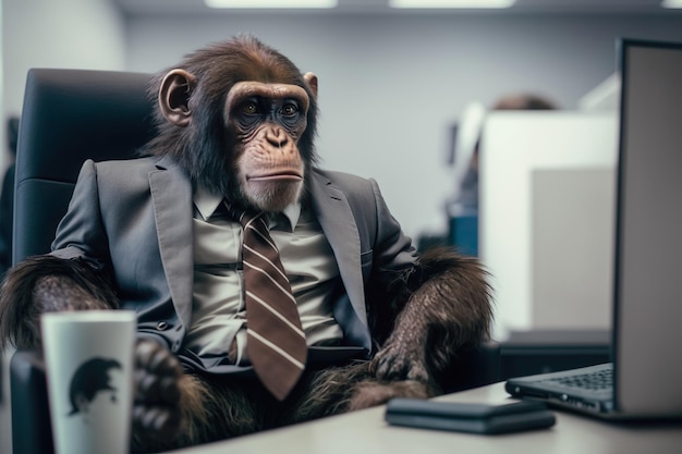 Macaco vestindo terno no escritório Macaco empresário sentado no escritório Generative Ai