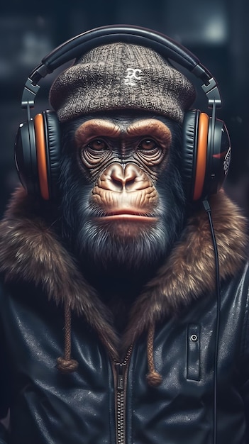 Macaco vestindo uma jaqueta e fones de ouvido