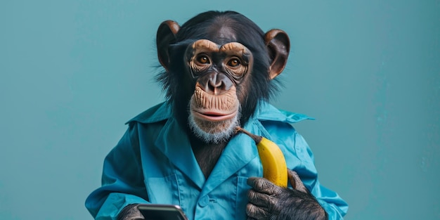 macaco zangado vestindo fato de praia azul segurando banana em fundo azul do céu