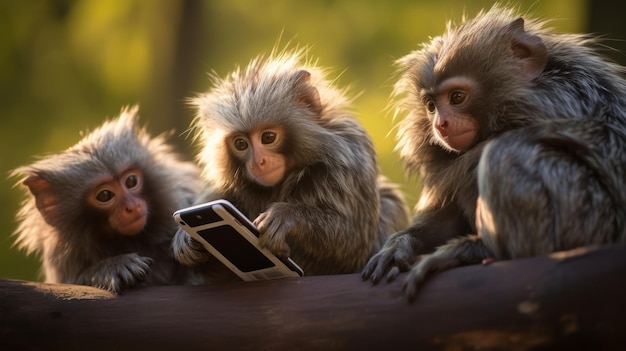 Macacos brincando com um telefone