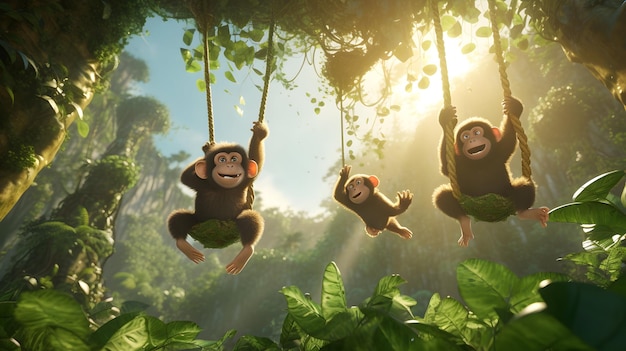 Macacos em estilo de desenho animado balançando através de um exuberante