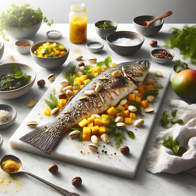 Macadamia-Nuss-Barramundi mit Mango-Salze