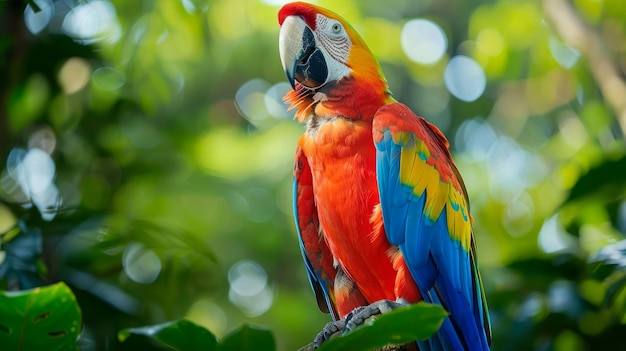 Macaô escarlate colorido e vívido em uma floresta tropical exótica e selvagem