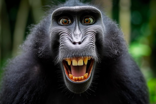 Macaque de cresta célebre con la boca abierta Cerca en el fondo natural verde IA generativa