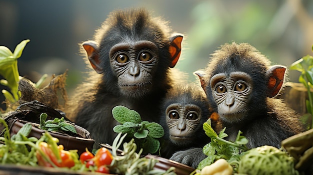 Macaque família sentado na floresta tropical comendo