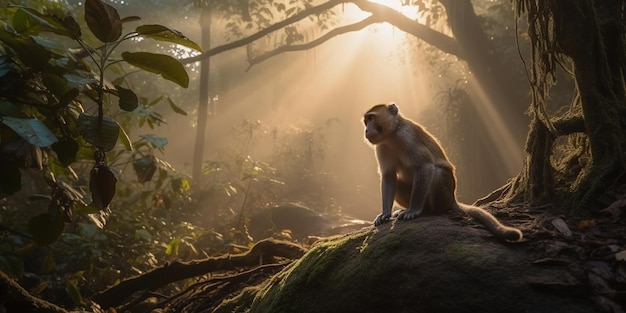 Macaque Mono en la jungla por la noche