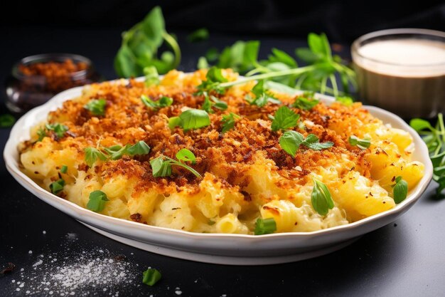 Macarão e queijo caseiro com alho-poró caramelizado em fundo branco Queijo de macarrão americano