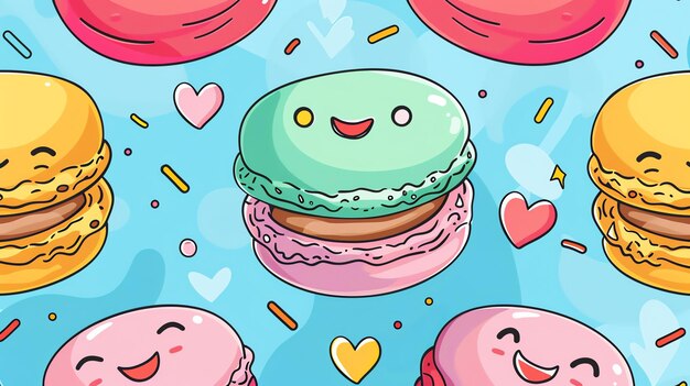 Macarões de desenho animado coloridos e bonitos padrão sem costura Kawaii fundo de comida doce