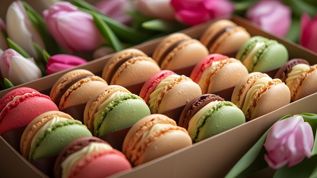 Macarões e tulipas com sabor francês em um pacote de presente elegante