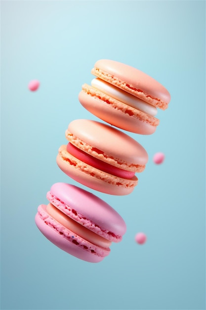 Macarões franceses voando no ar em fundo azul Levitação conceito de fundo de comida cor pastel