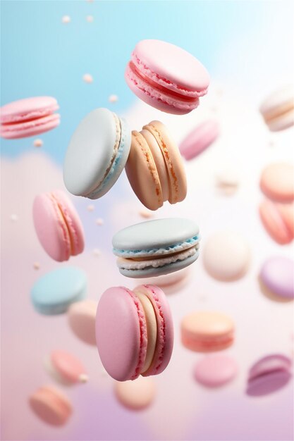 Macarões franceses voando no ar em fundo rosa Levitação conceito de fundo de comida cor pastel