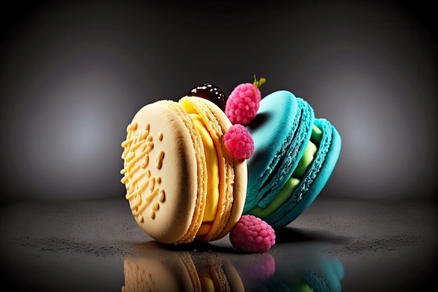 Macaron de sobremesa francesa de pastelaria doce em fundo escuro