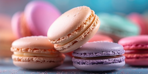 Macarón en un fondo pastel en un tema de acuarela húmeda Banner Lugar para texto IA generativa