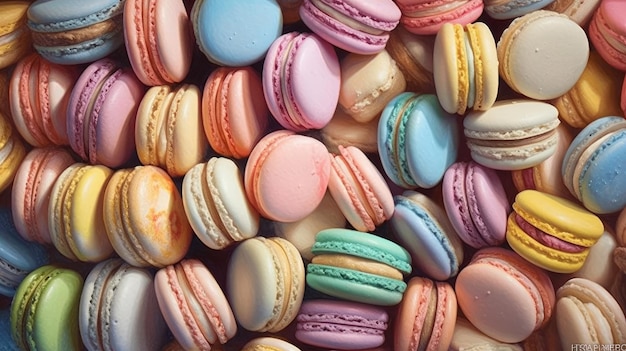 Macaron, uma iguaria francesa, um arranjo requintado gerado pela IA.