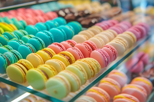 Foto macarones de colores en la vitrina del café para la venta de primer plano