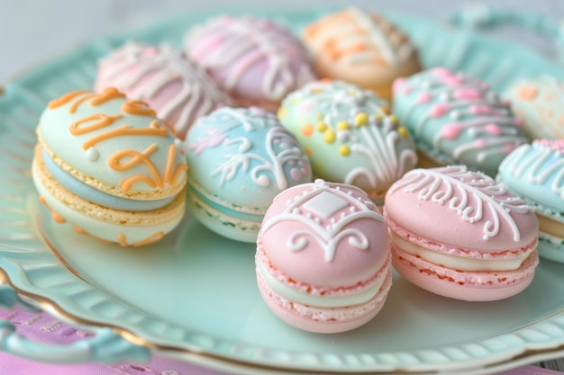 Macarones decorados con colores en un plato