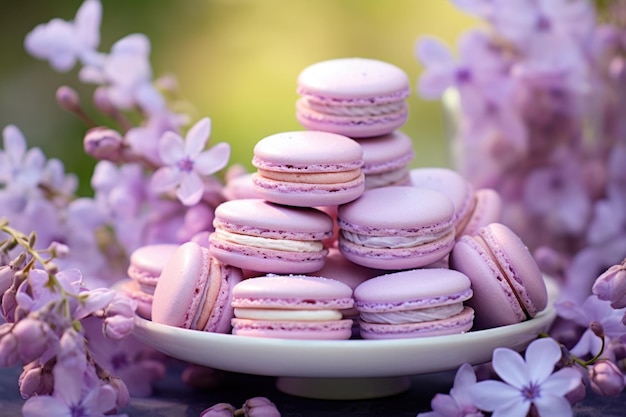 Foto macarones franceses de lila con sabor a lavanda y flores frescas de lavanda delicioso postre